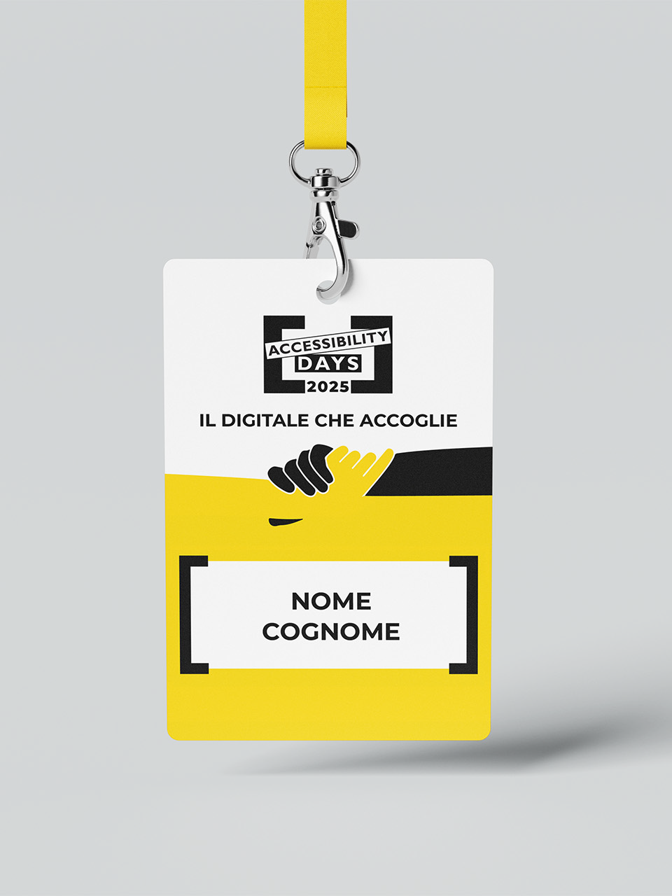 Badge dell'evento, con il logo e lo slogan "il digitale che accoglie"