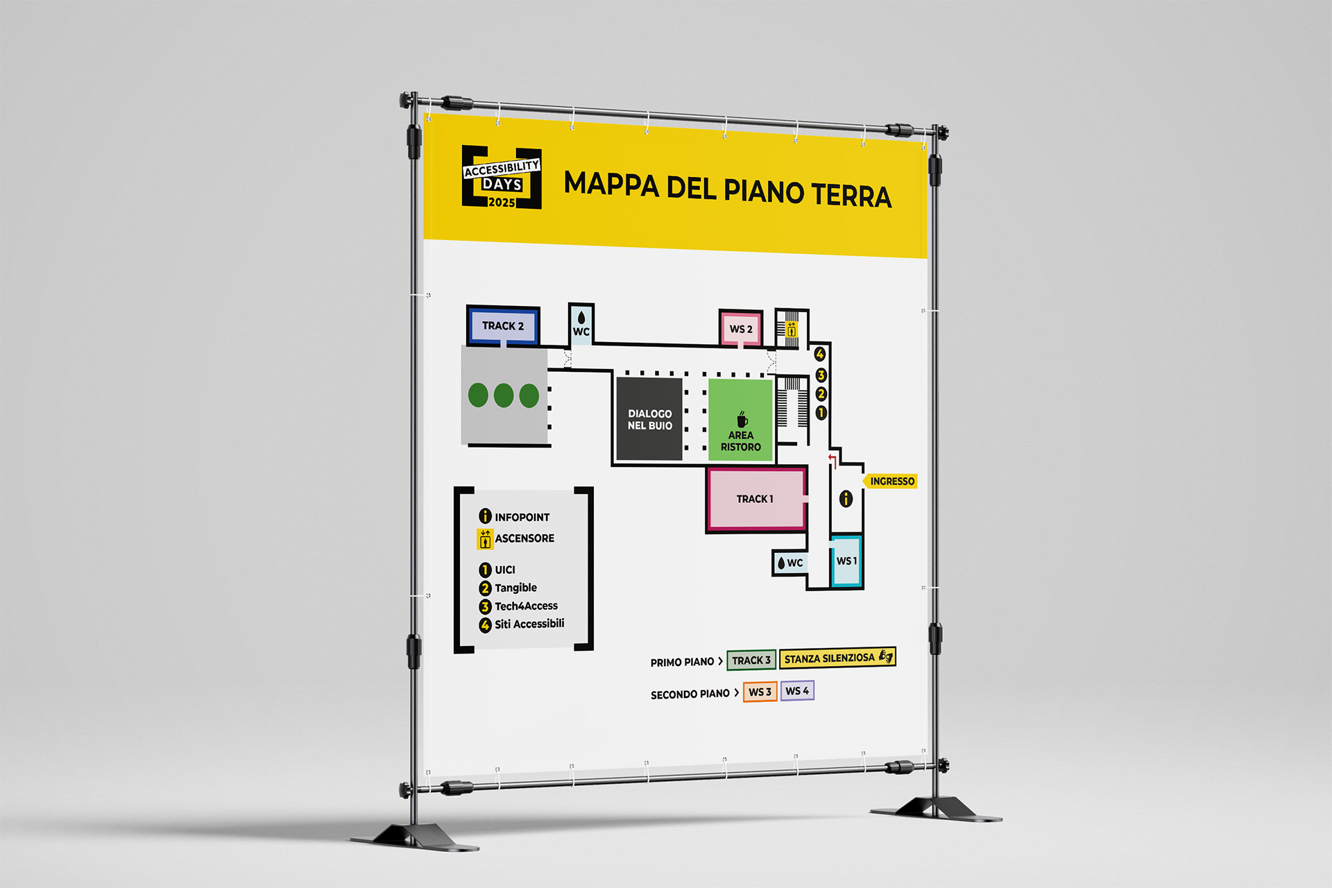 Banner grande e quadrato dove è rappresentata graficamente la mappa dell'evento (piano terra).