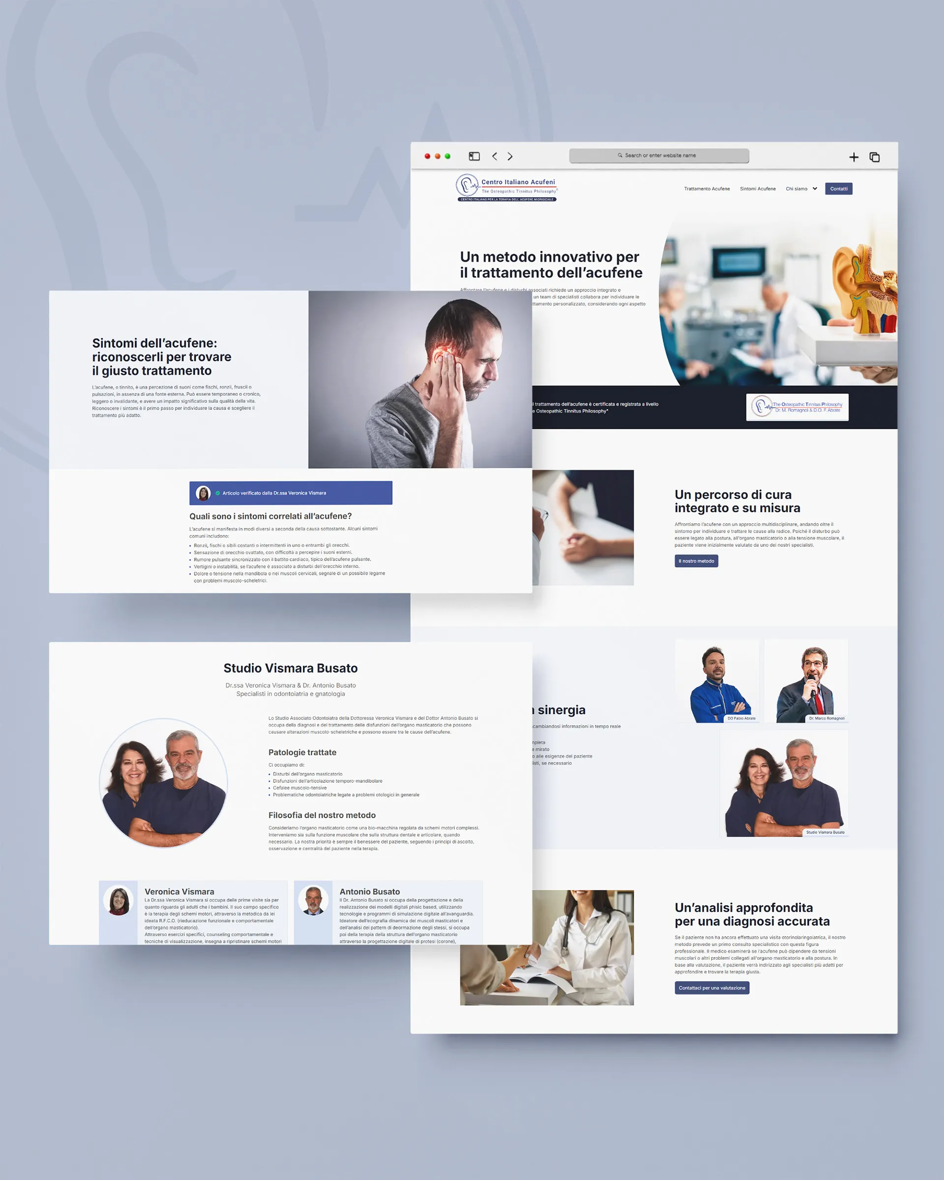 Mockup in cui si vedono tre pagine del sito "Centro Italiano Acufeni"