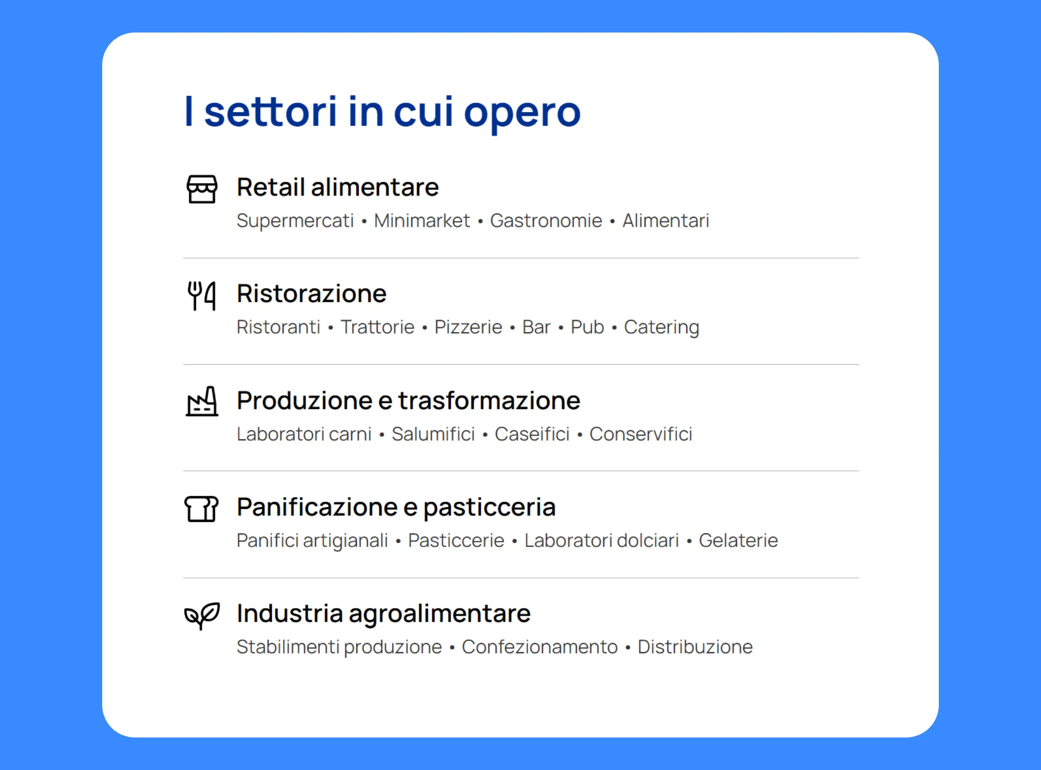 Design della sezione con i settori di operatività