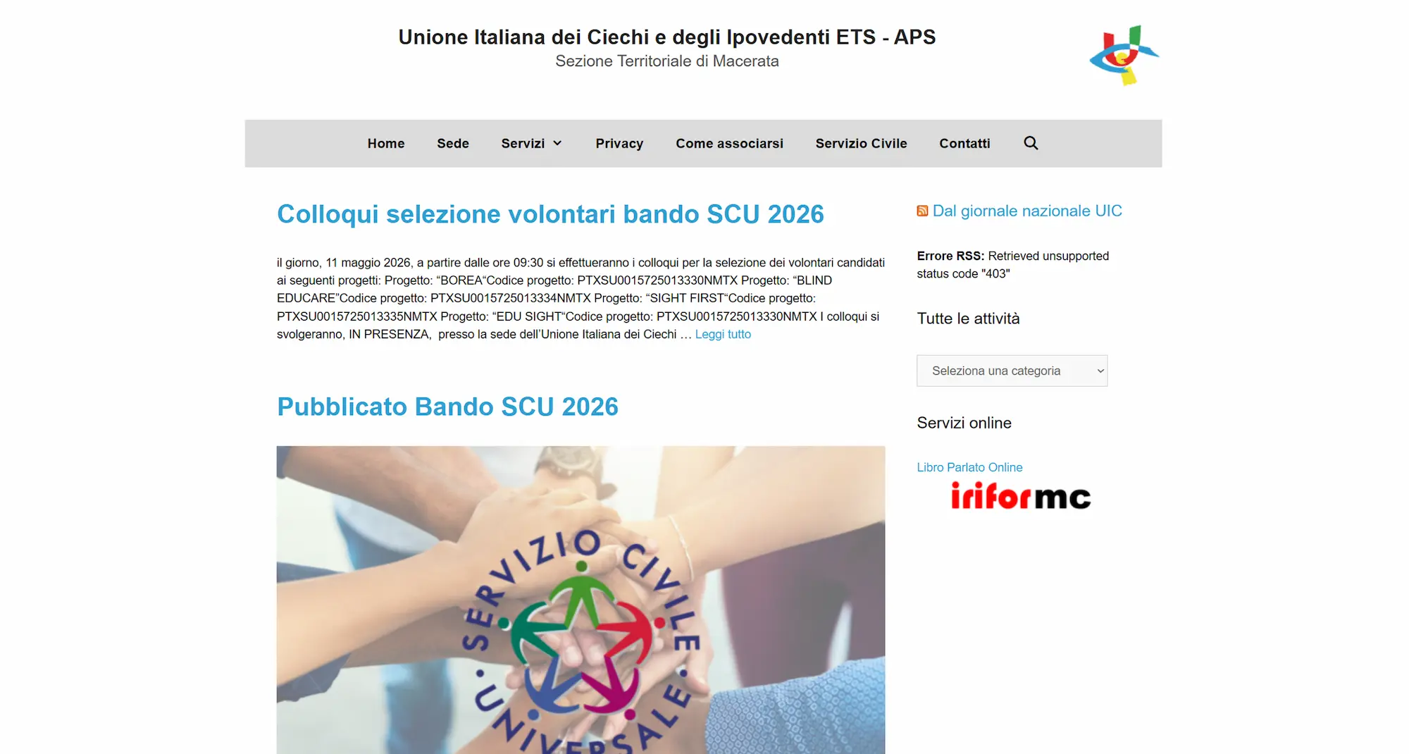 Il sito prima del redesign (homepage)